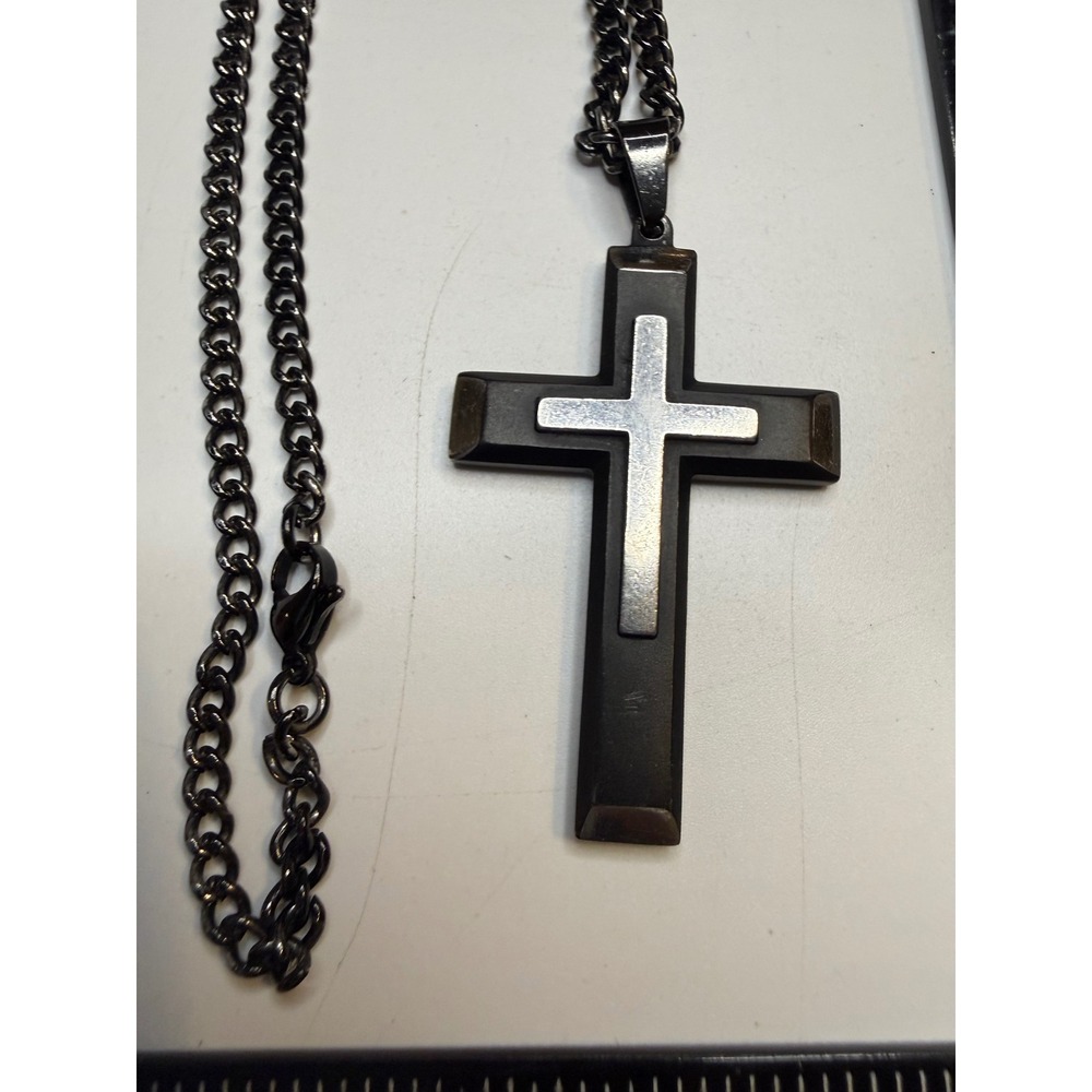 Mens Stainless Steel Two Tone Cross Pendant Necklace Black Silver Curb Chain 24"